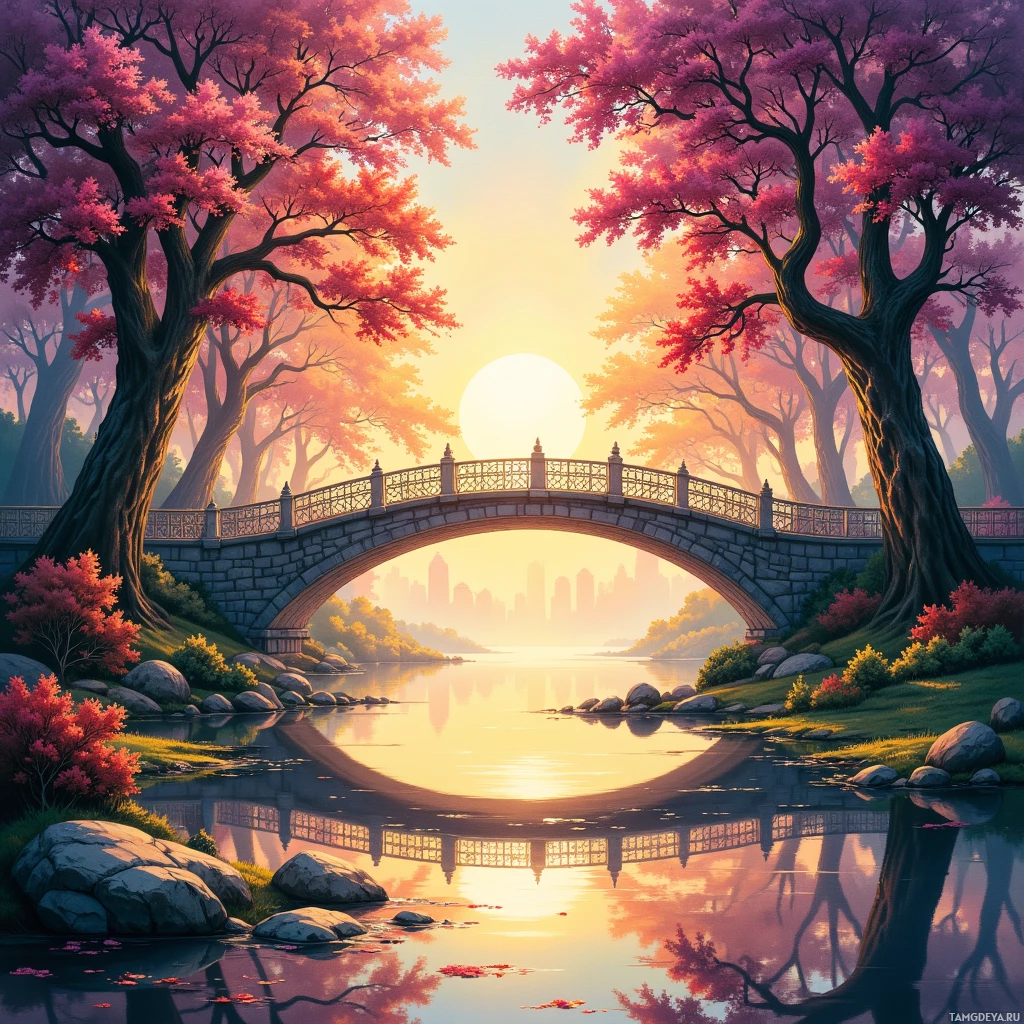 A serene landscape featuring a stone bridge over a calm river, surrounded by blooming pink trees and a distant city skyline at sunset.