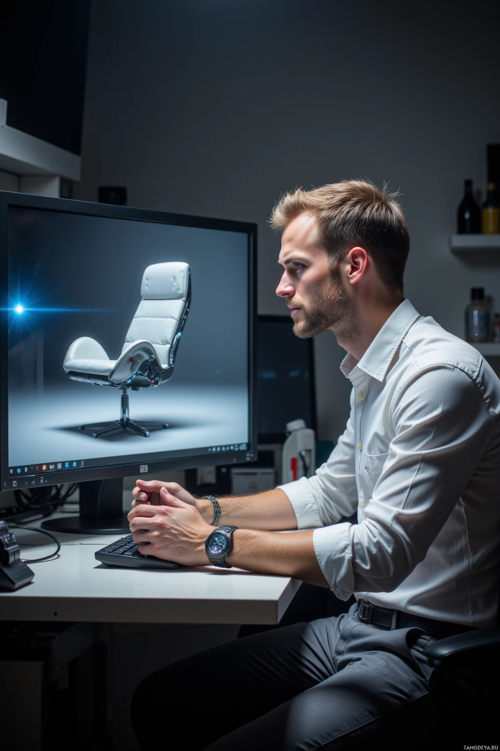 A person is seated at a desk, looking at a computer screen displaying a white chair.