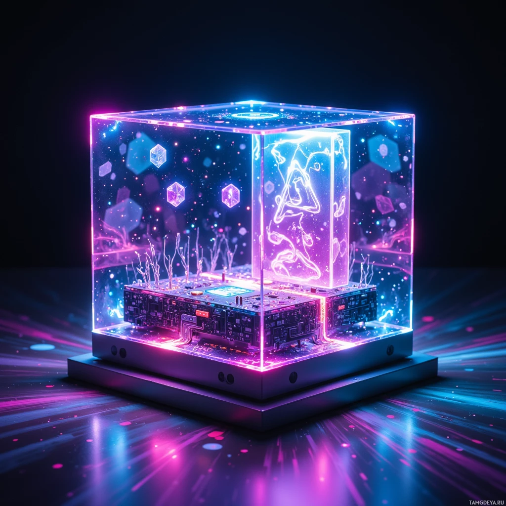 A glowing cube with intricate circuitry and neon lights inside is displayed on a reflective surface against a dark background.