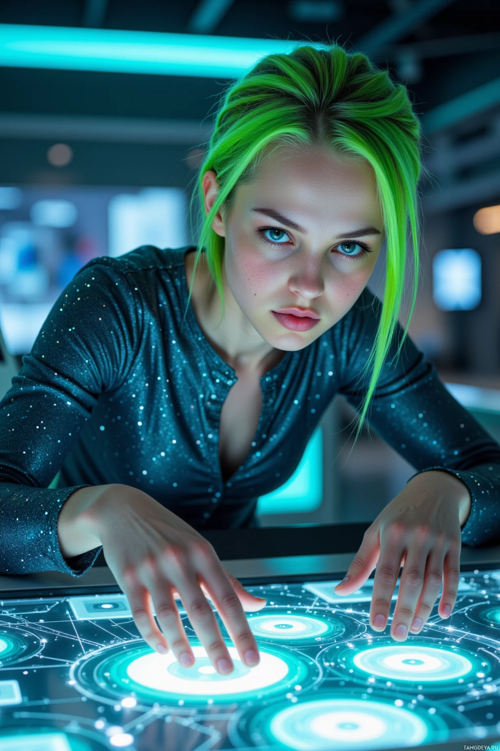 A person with green hair leans over a glowing, futuristic interface.
