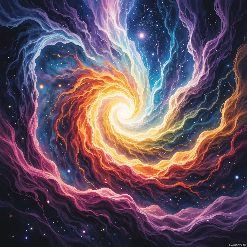 A vibrant cosmic swirl with swirling colors and star-like points against a dark background.