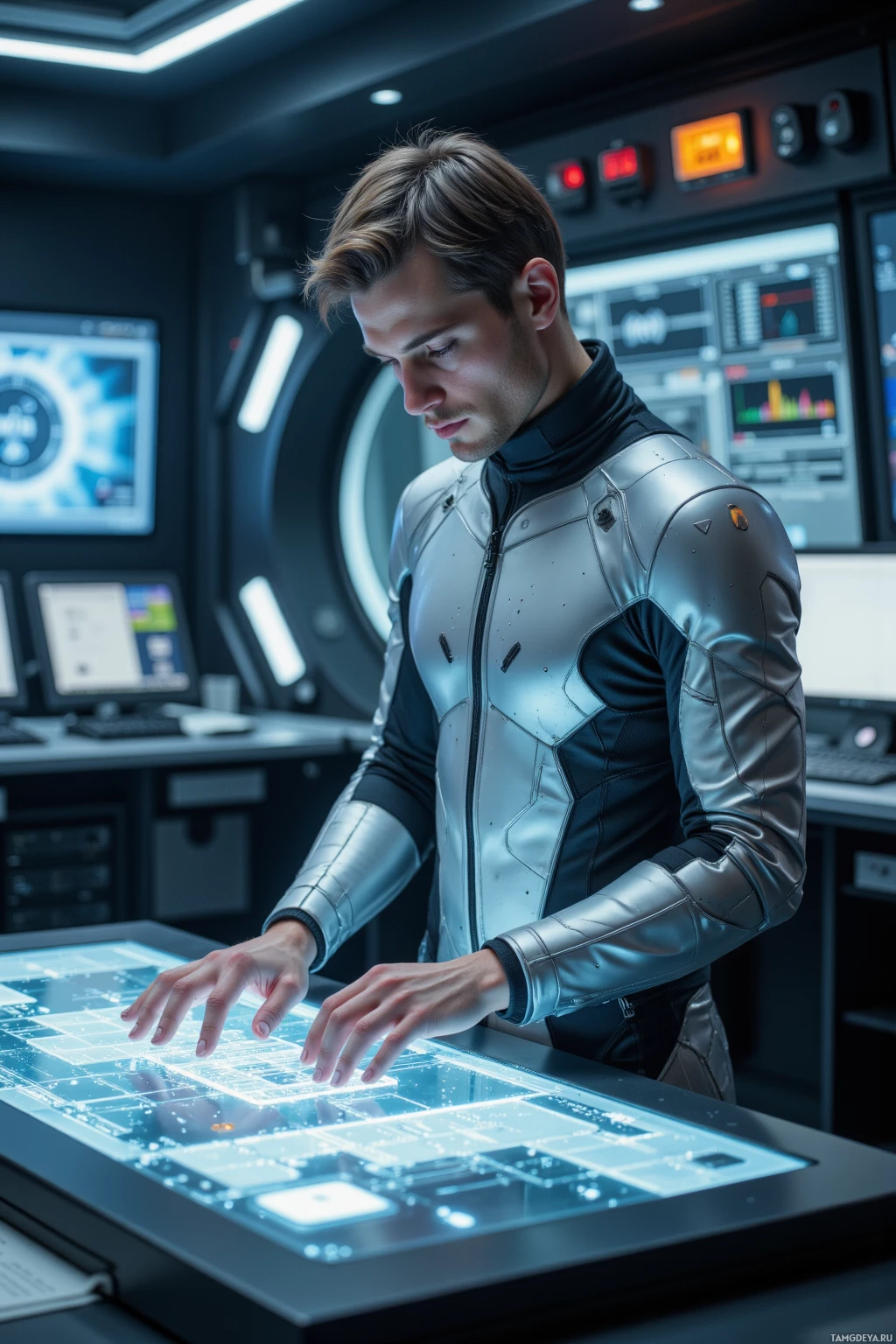 A person in futuristic attire is interacting with a high-tech control panel in a sci-fi setting.