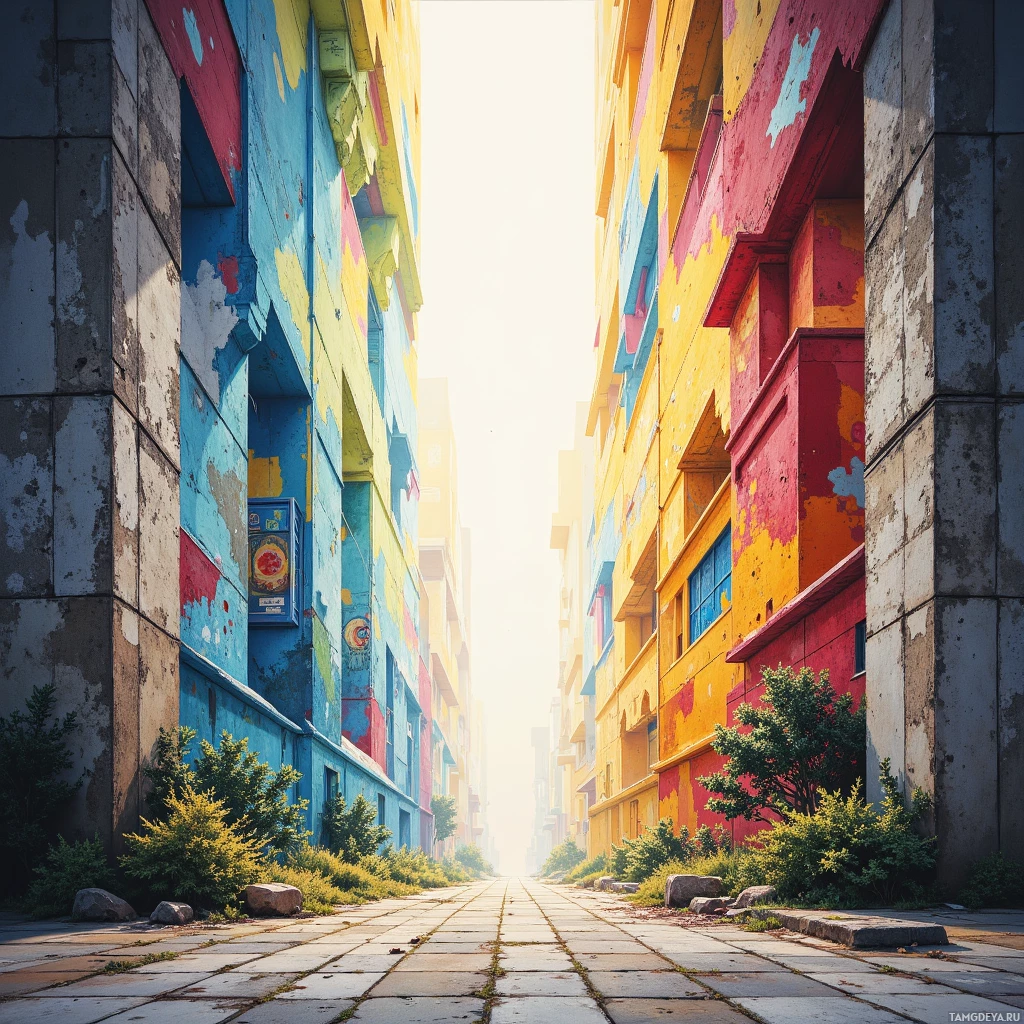 A vibrant alleyway with colorful walls and greenery at its base leads towards bright sunlight in the distance.