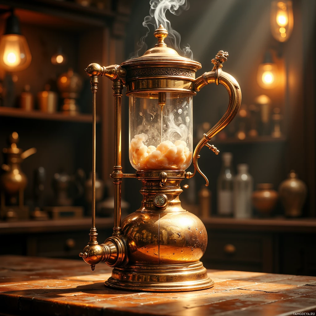 A vintage brass coffee press with steam rising, placed on a wooden table.