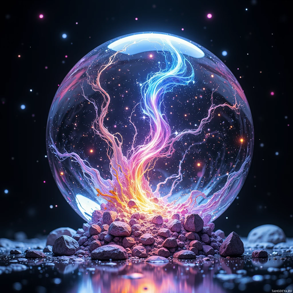 A glowing, colorful sphere with intricate patterns and energy emanating from its base rests on rocks against a starry background.