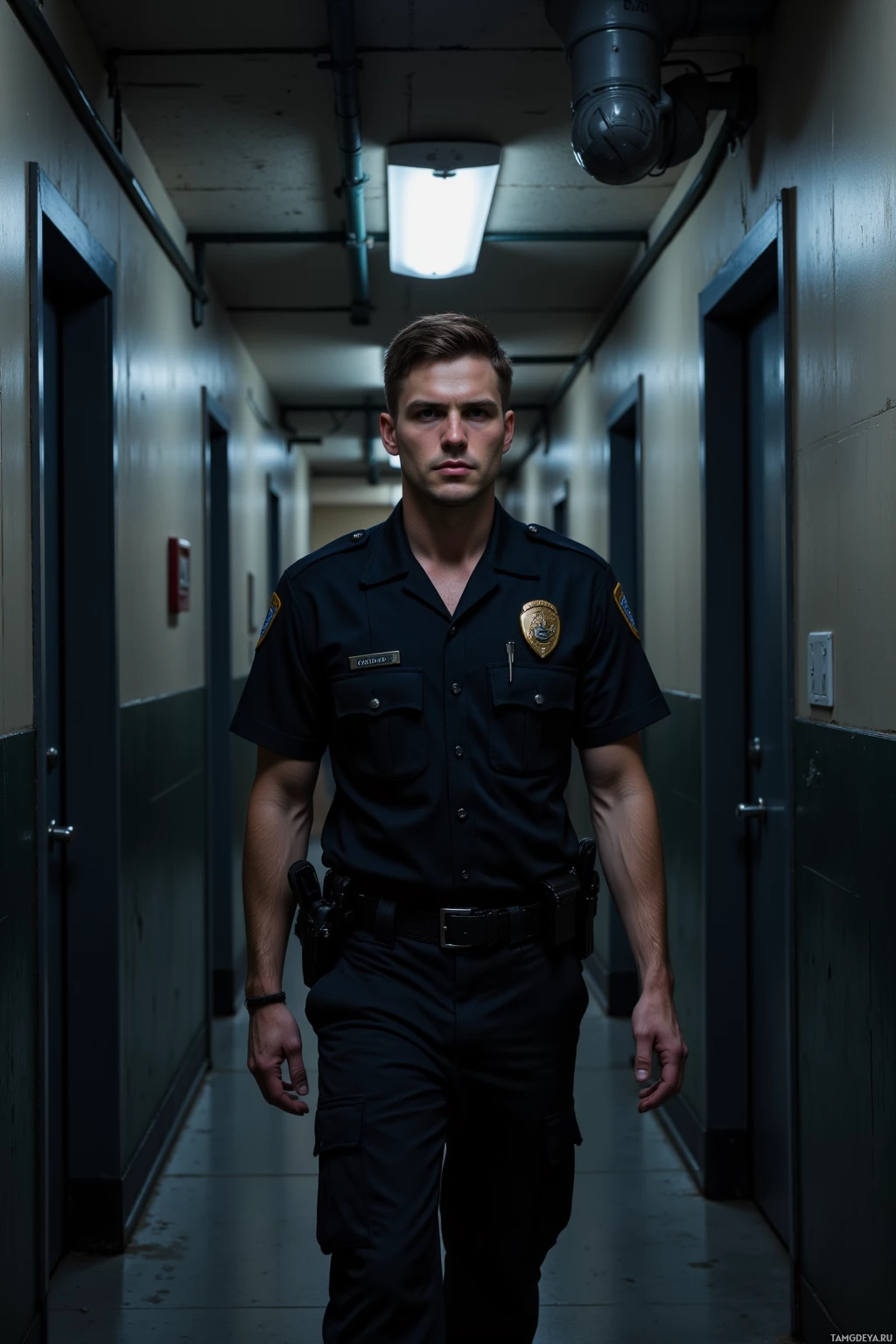 A person in a police uniform stands in a dimly lit hallway.