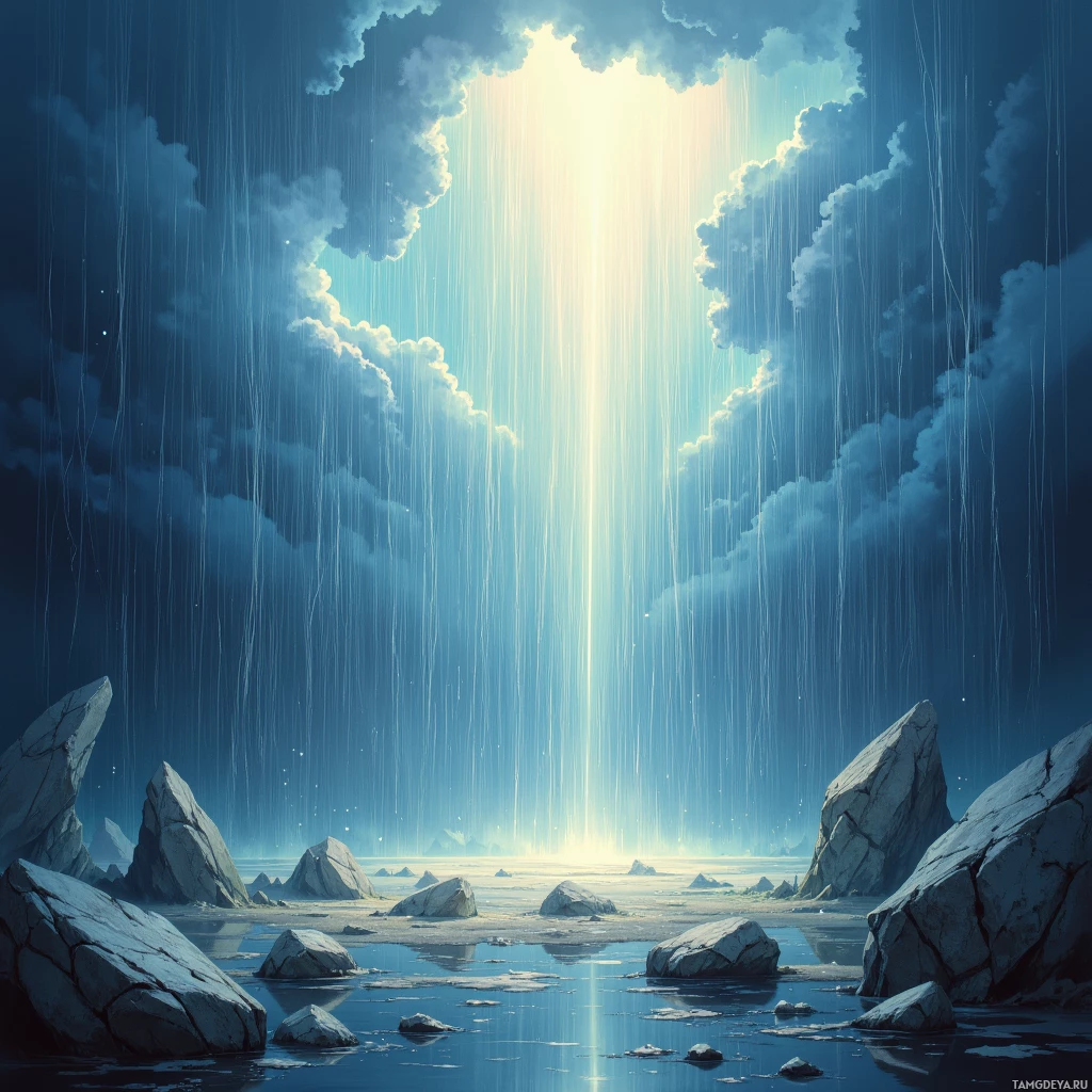 A serene landscape with rocky terrain, a body of water, and rain falling from a bright sky.