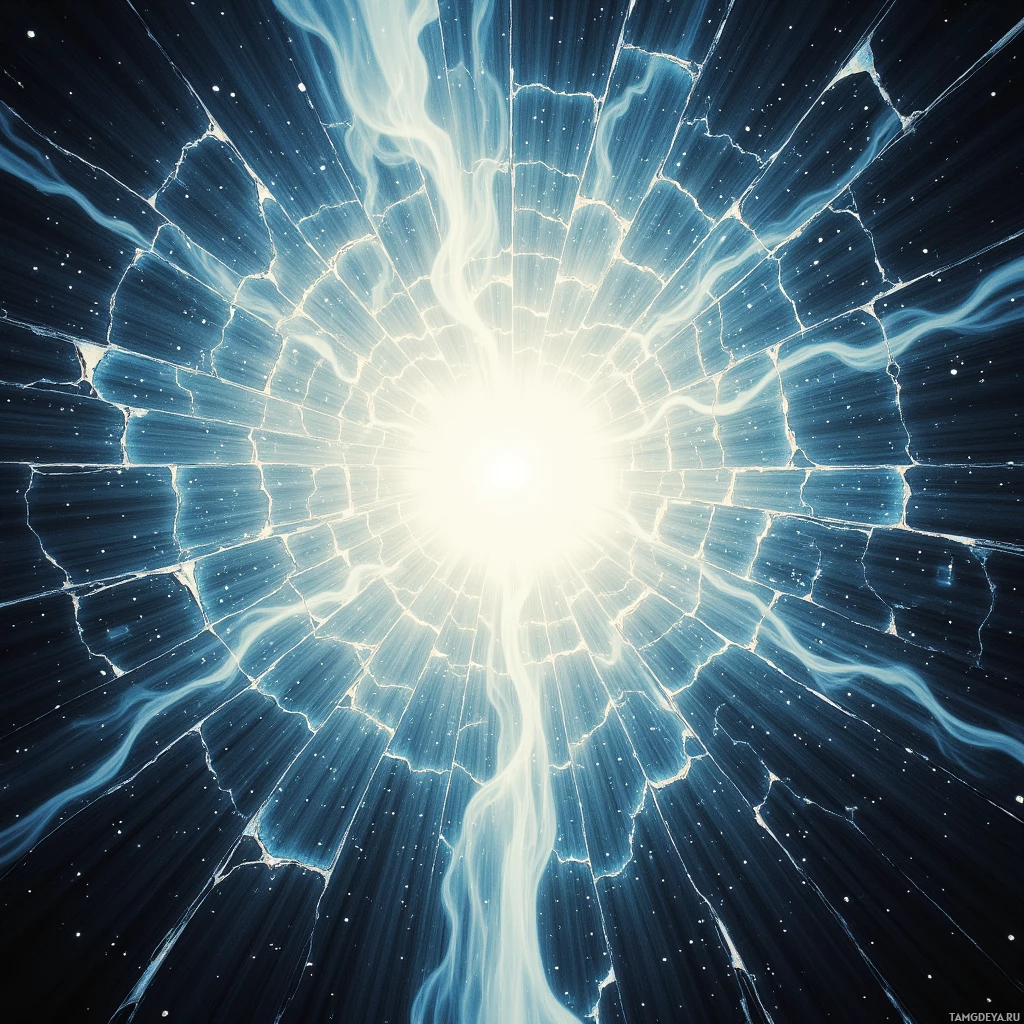 A cracked glass effect with a bright light at the center, set against a dark background.