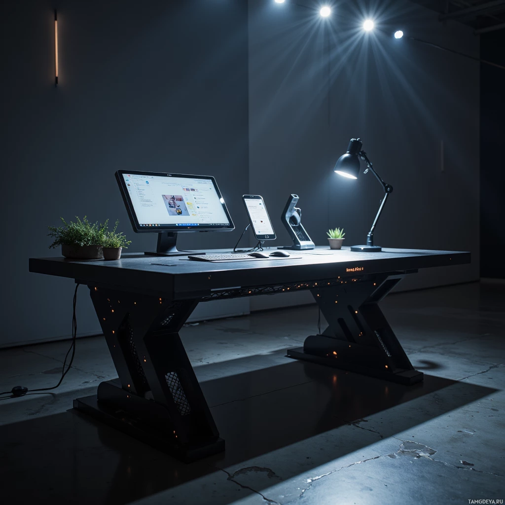 A modern desk setup with a monitor, keyboard, phone, and desk lamp in a dimly lit room.