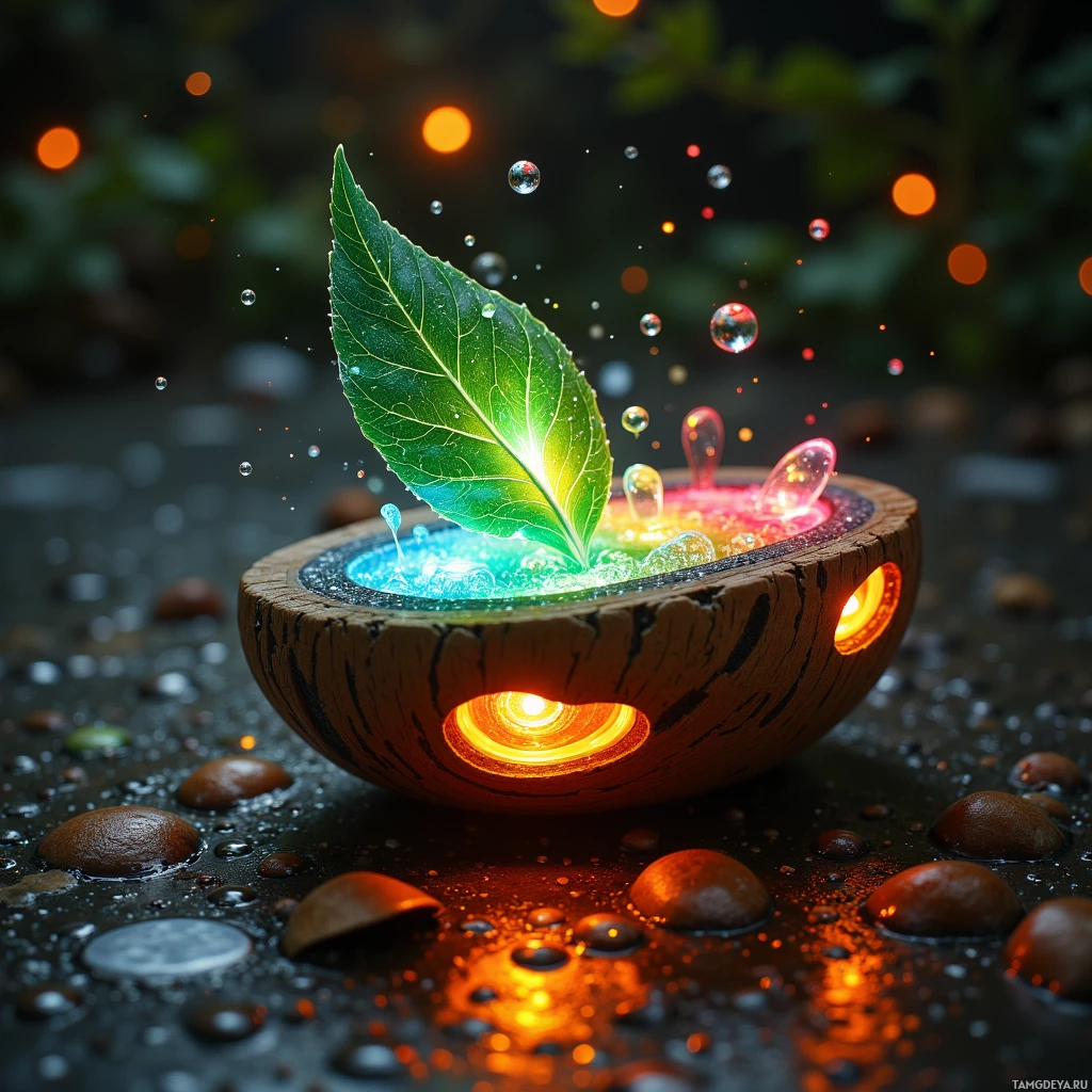 A glowing leaf rests in a wooden bowl with colorful light emanating from within and around it.