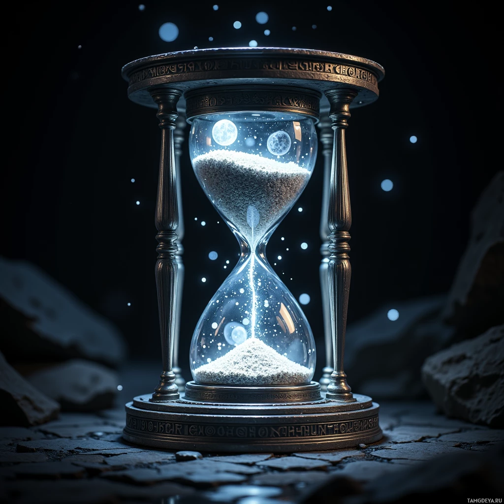 An ornate hourglass with glowing spheres and sand inside, set against a dark, starry background.