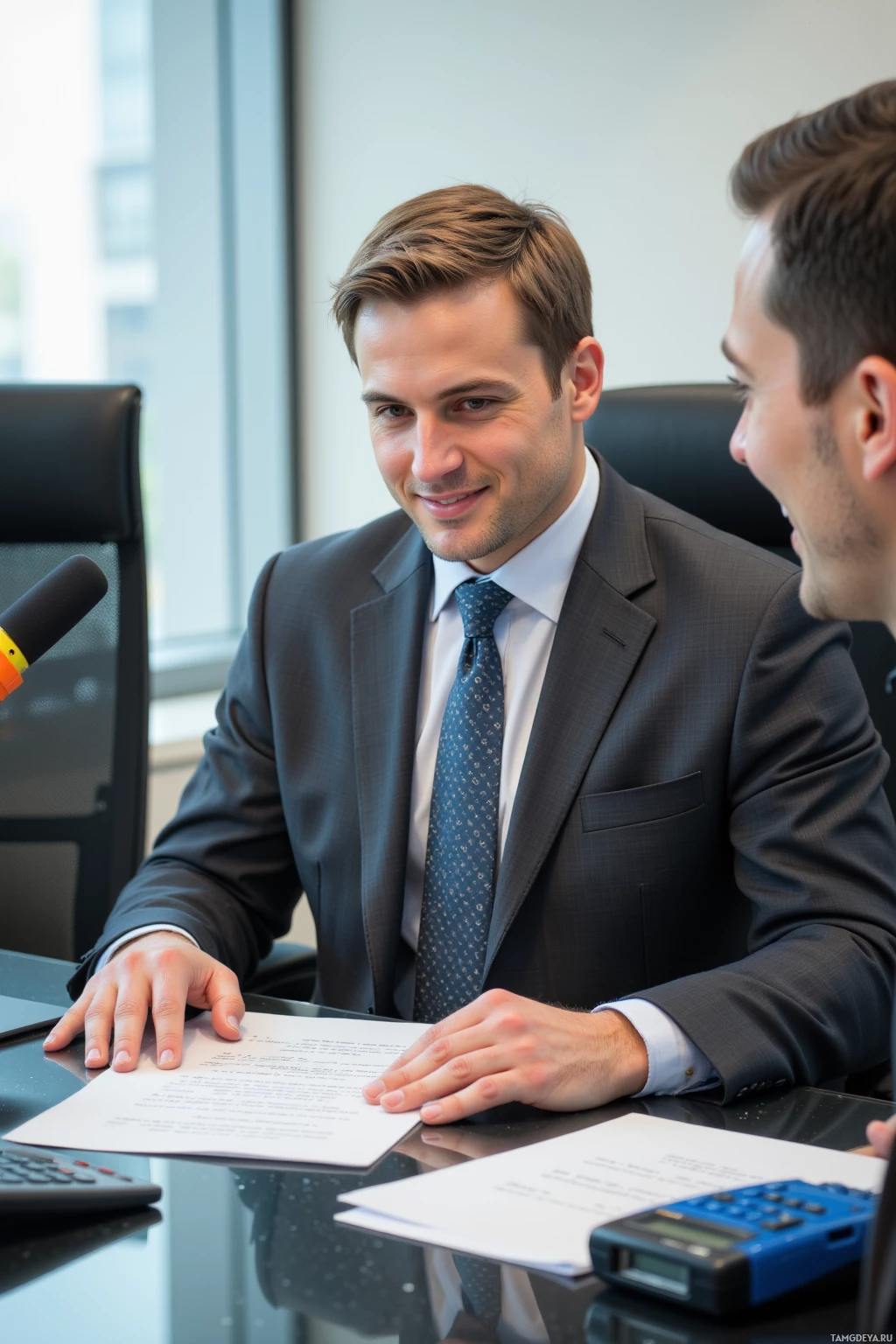 Two men in business attire are seated at a desk, engaged in a discussion.