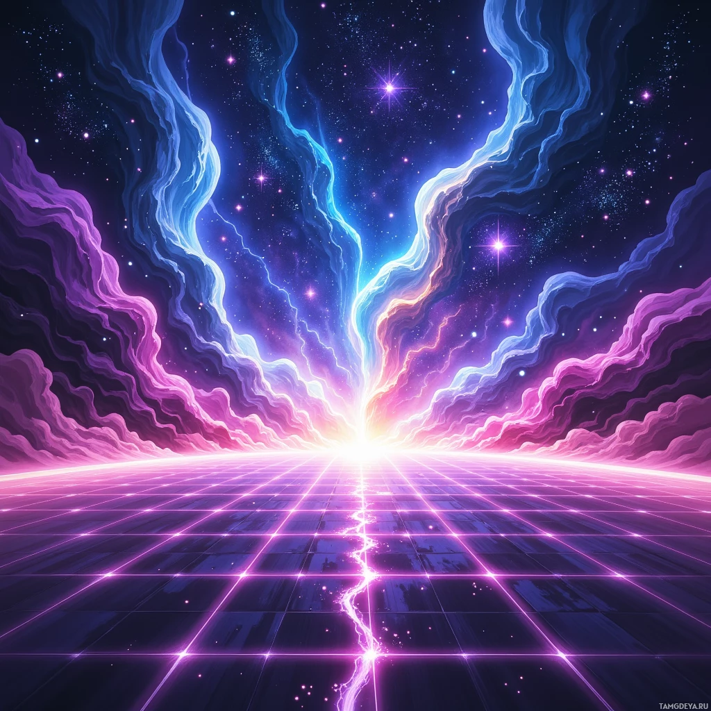 A vibrant, abstract scene featuring a glowing horizon with a grid pattern and swirling cosmic clouds in shades of purple, blue, and pink against a starry night sky.