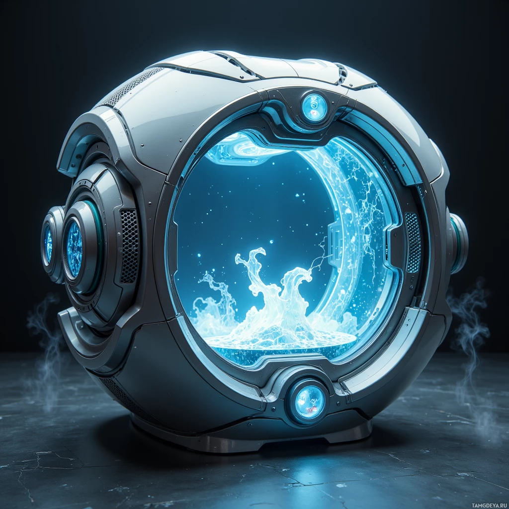 A futuristic spherical device with glowing blue lights and an interior resembling water or energy waves.