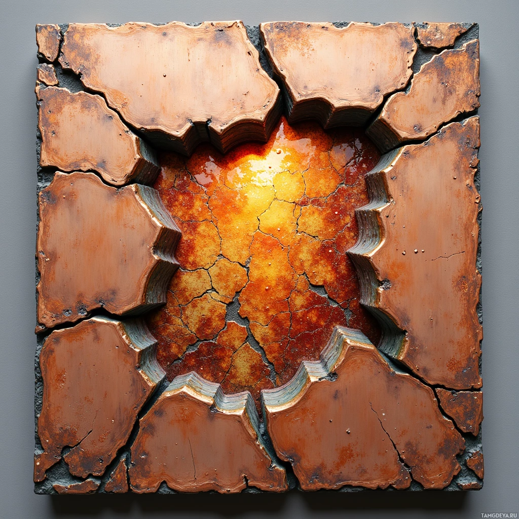 A cracked, rusted surface with a glowing center.