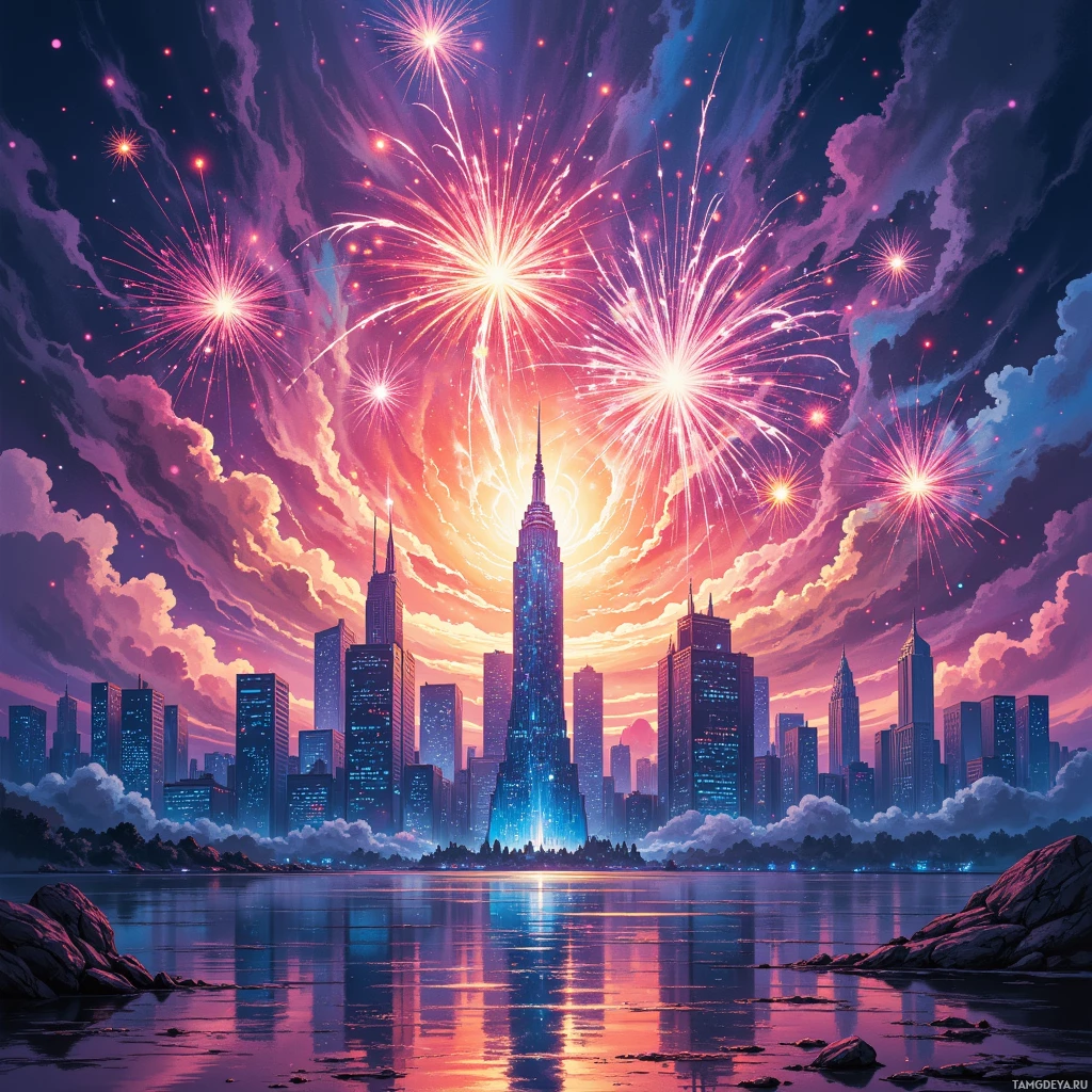 A vibrant city skyline is illuminated by fireworks exploding in the night sky over a reflective body of water.