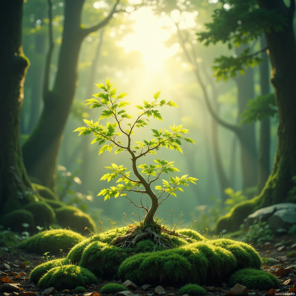 A small tree with vibrant green leaves stands amidst moss-covered rocks in a sunlit forest.