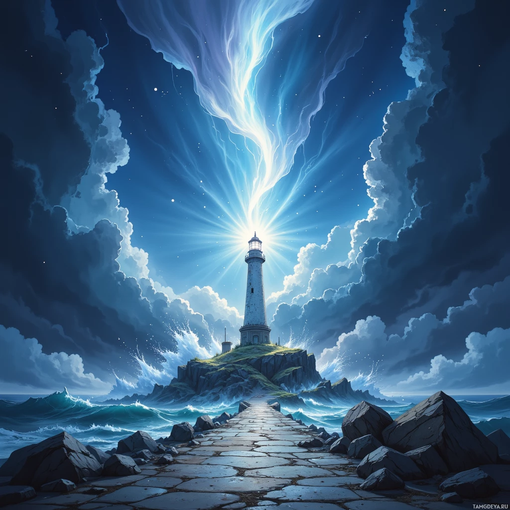 A lighthouse stands on a rocky island under a dramatic sky with lightning and stars.