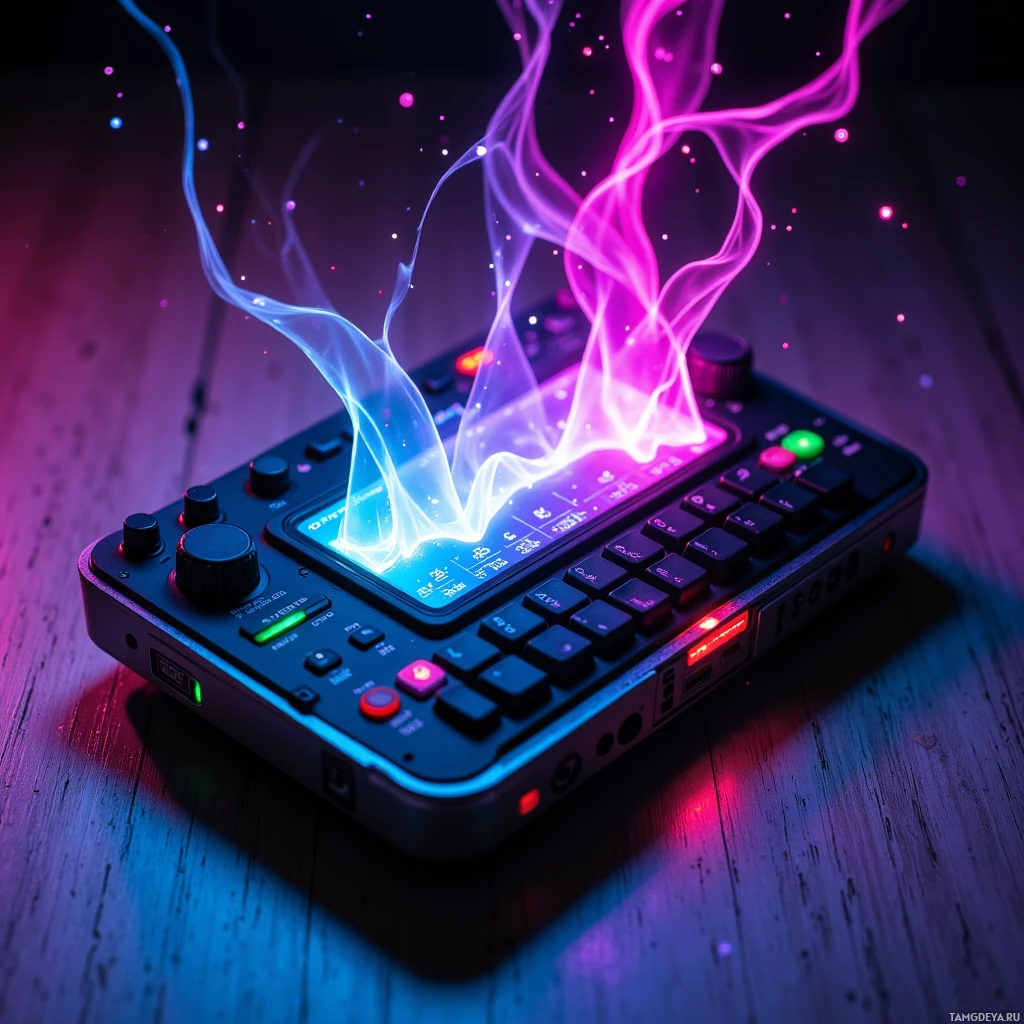 A digital audio workstation with glowing neon lights and abstract energy effects.