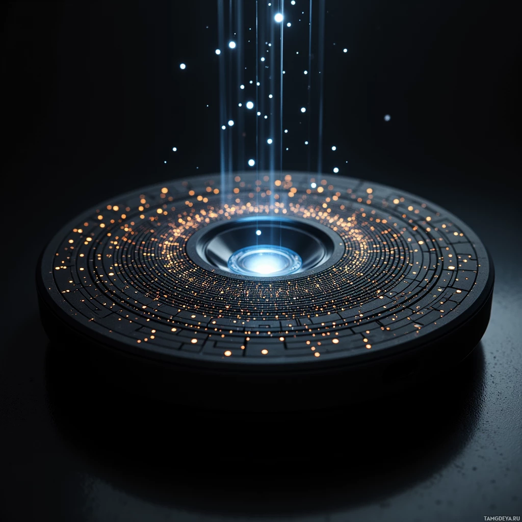 A circular device with glowing orange and blue lights emitting from its center against a dark background.
