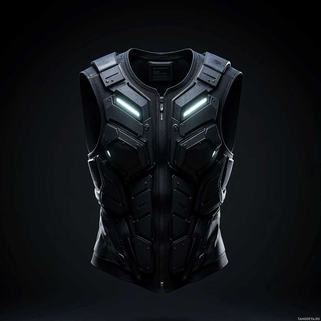 A futuristic black vest with illuminated panels and structured design elements.