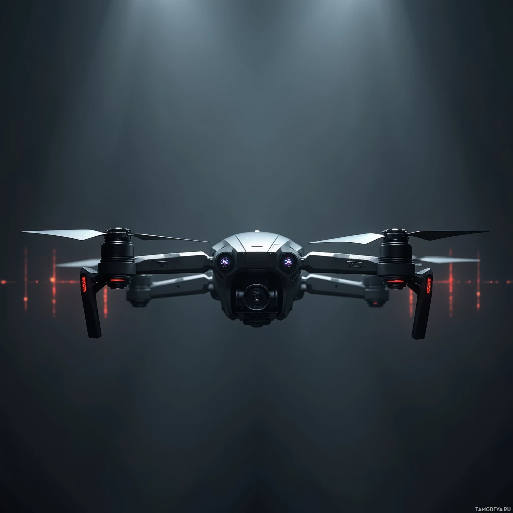 A drone with illuminated lights and a camera is shown against a dark background with light beams.