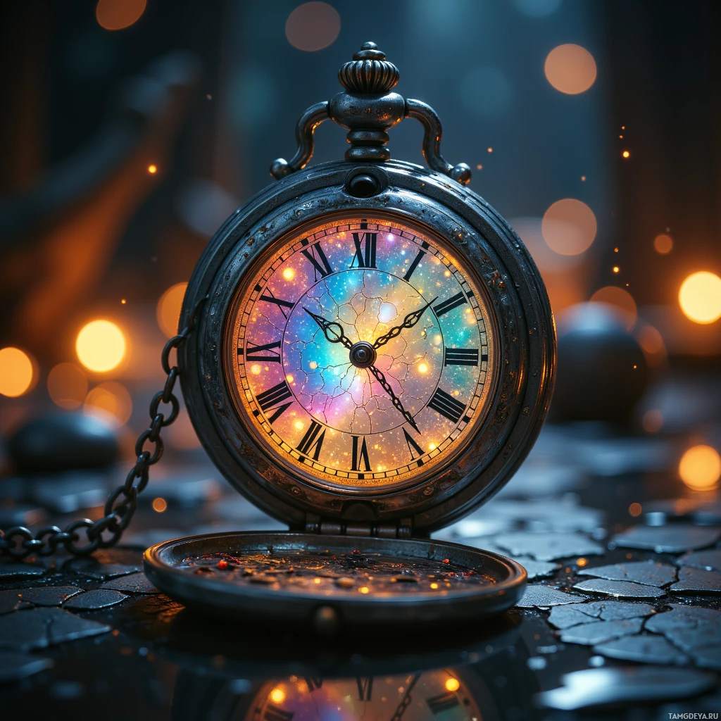 A pocket watch with a cracked glass face revealing a colorful cosmic scene inside is displayed against a dark background with glowing orbs.