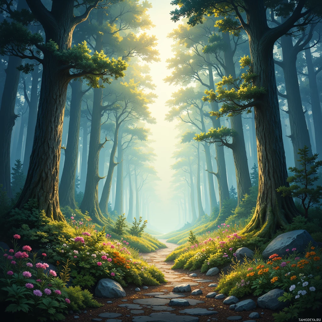 A serene forest scene with a stone path leading through tall trees and vibrant flowers.