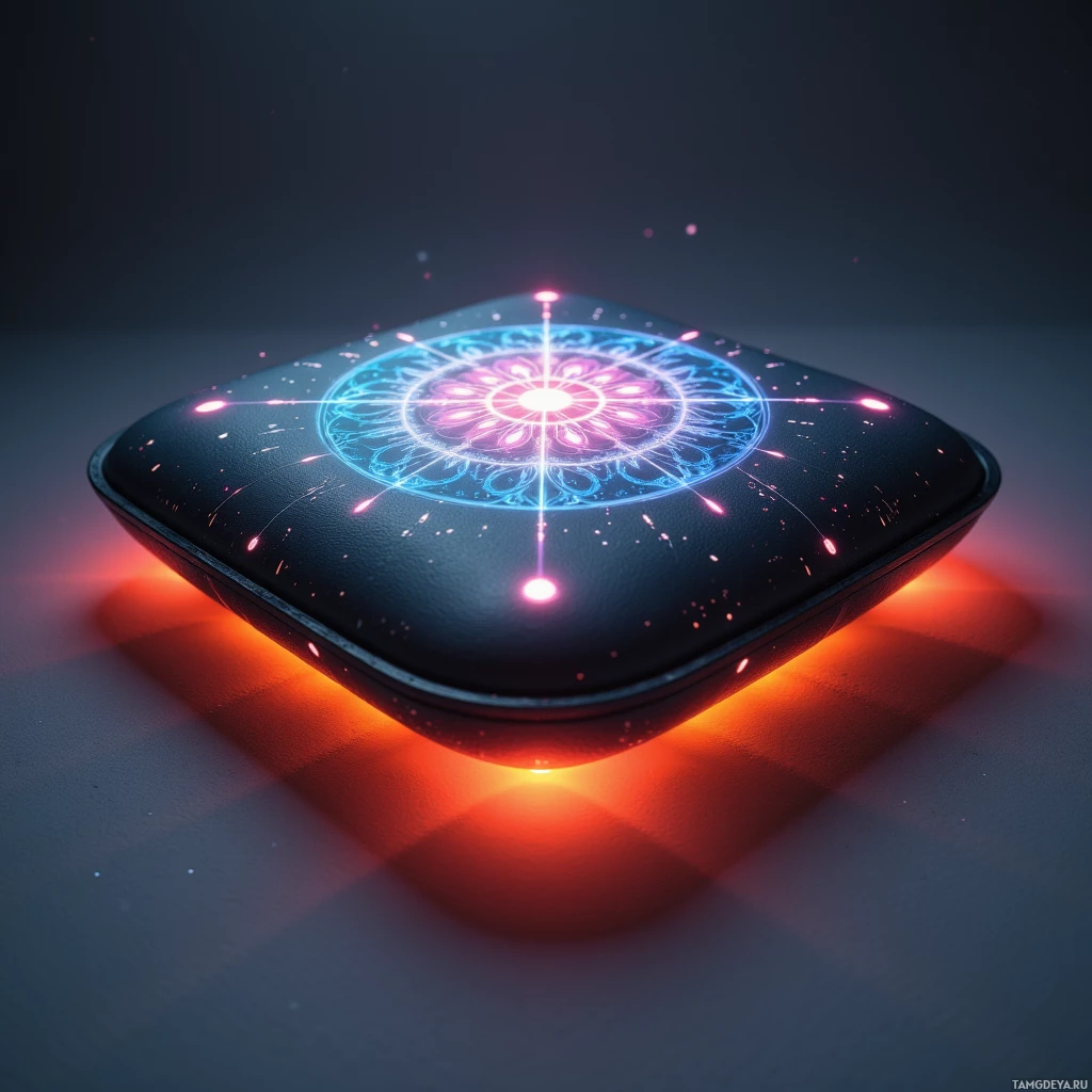 A glowing, futuristic device with intricate patterns and vibrant colors rests on a surface.