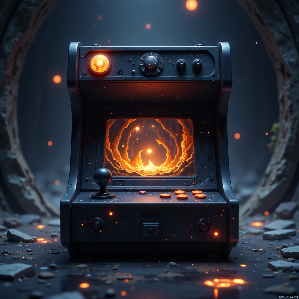 A retro arcade machine with glowing orange lights and a fiery tunnel displayed on its screen stands in a rocky environment.