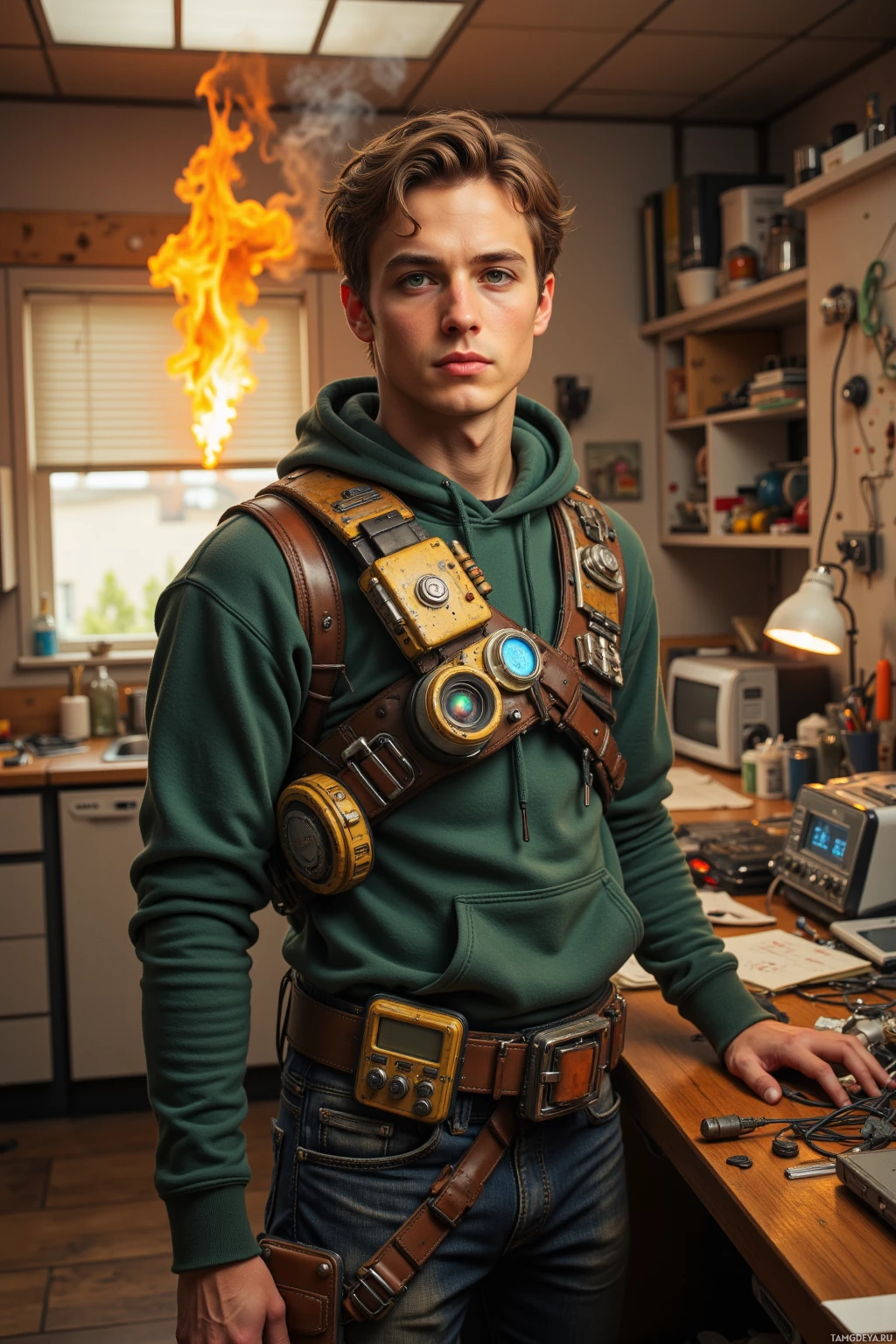 A person wearing a green hoodie and a utility belt stands in what appears to be a workshop or lab setting with various equipment around them.