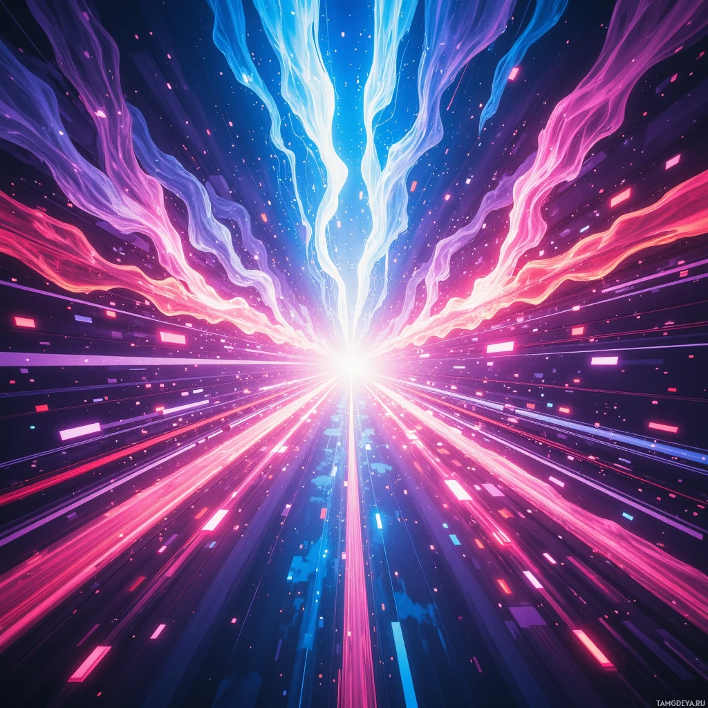 A vibrant, abstract digital artwork featuring flowing lines and bright colors radiating from a central point.