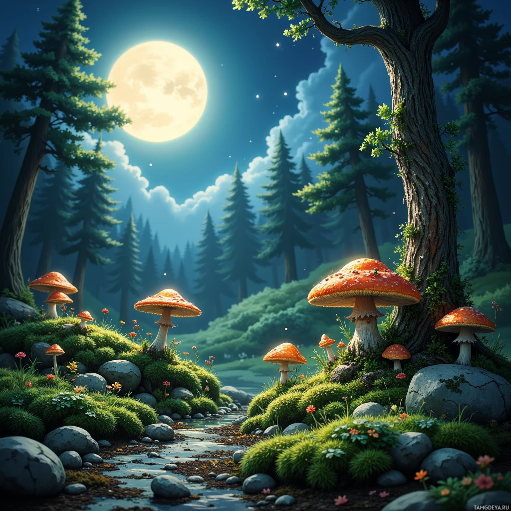A serene forest scene with glowing mushrooms and a full moon in the sky.