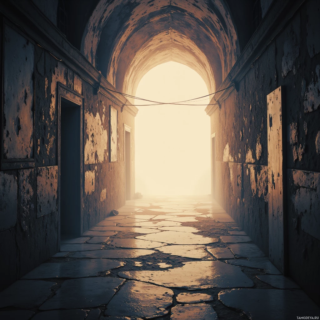 A dimly lit corridor with peeling walls leads to an illuminated archway at the end.