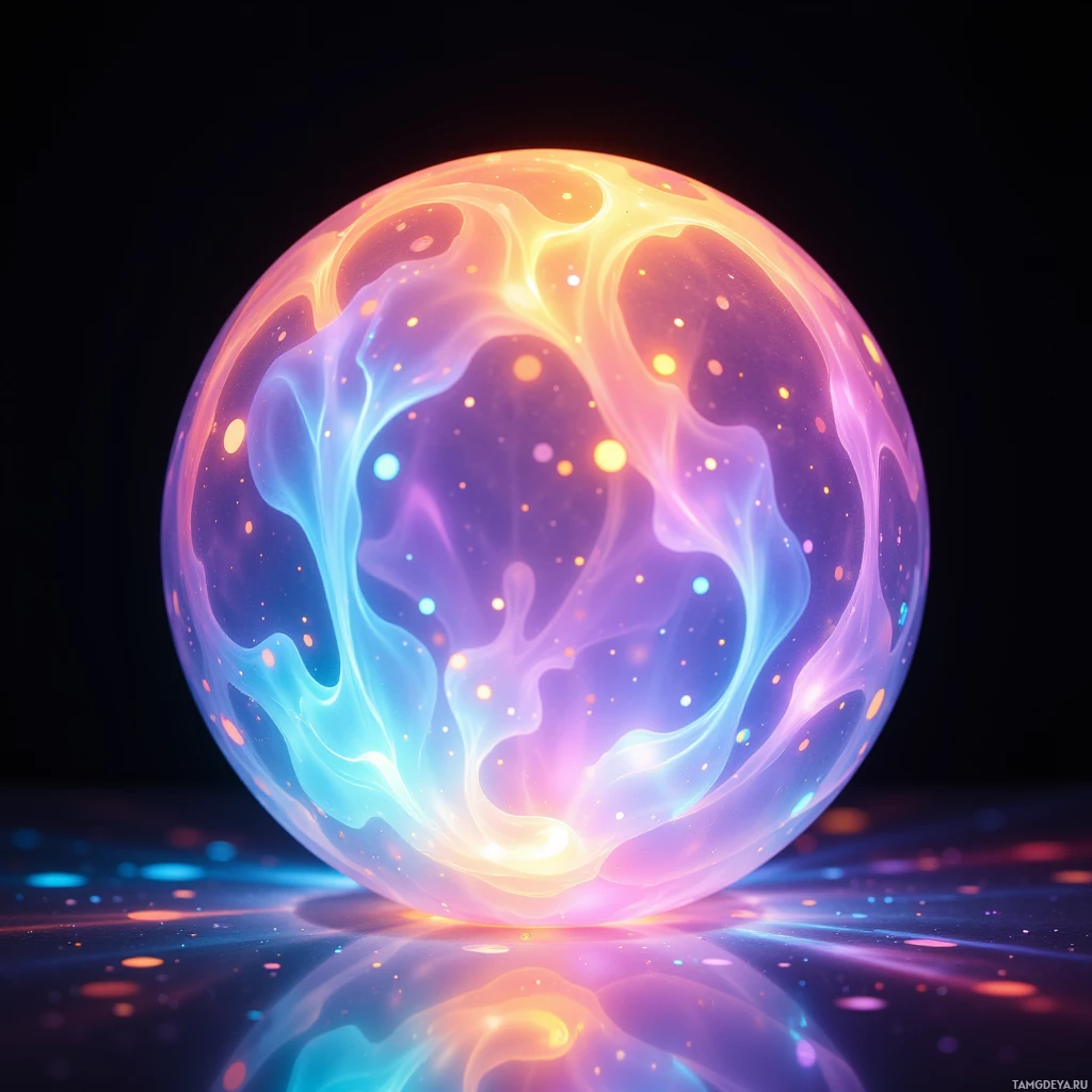 A glowing, multicolored sphere with swirling patterns and small particles.