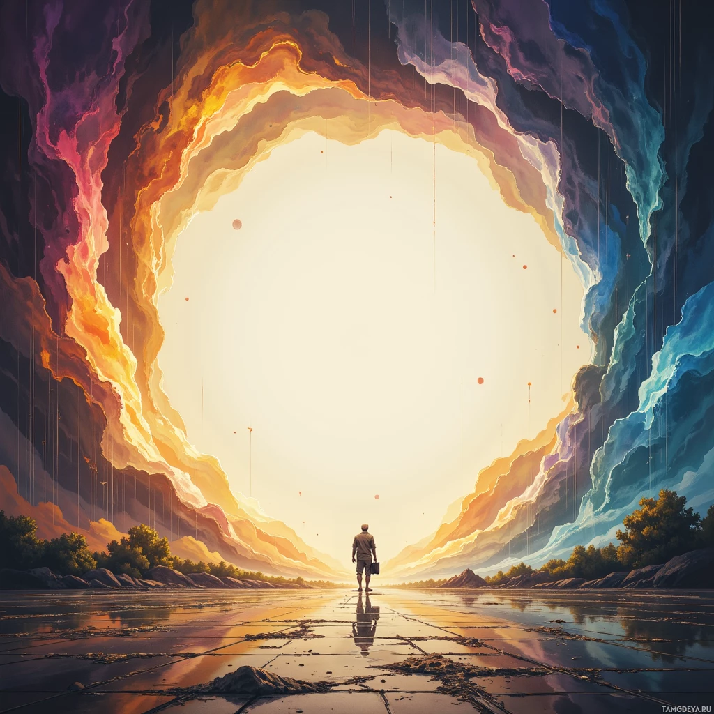 A lone figure stands at the edge of a reflective surface, gazing at a vibrant, colorful arch in the sky.