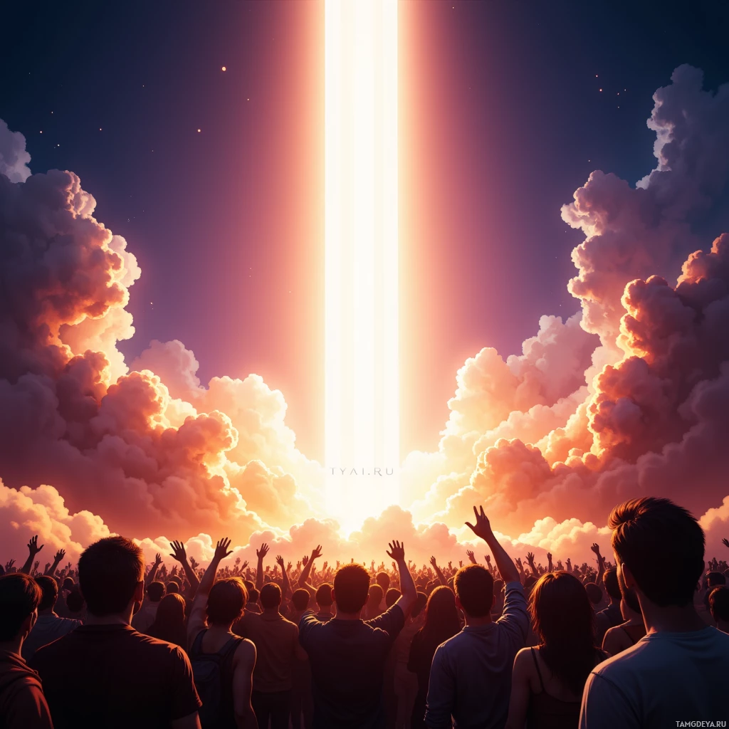 A crowd raises their hands towards a bright light in the sky amidst clouds at sunset.