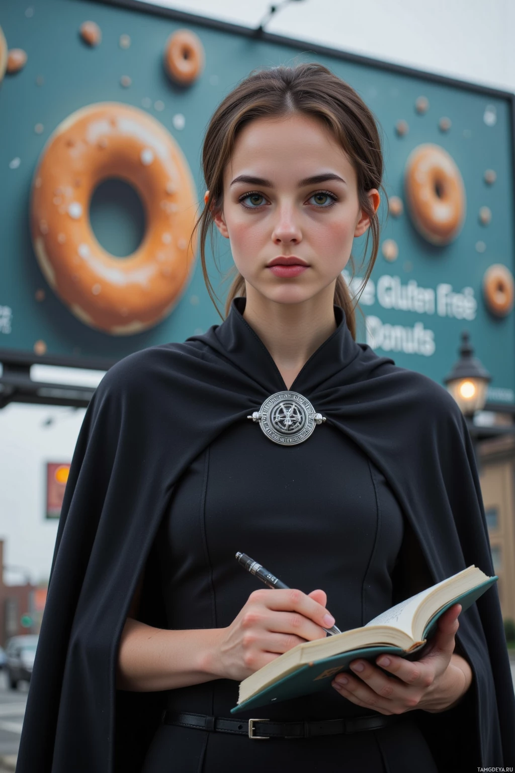 A person in a black cloak holds an open book and pen, standing against a backdrop featuring donuts.