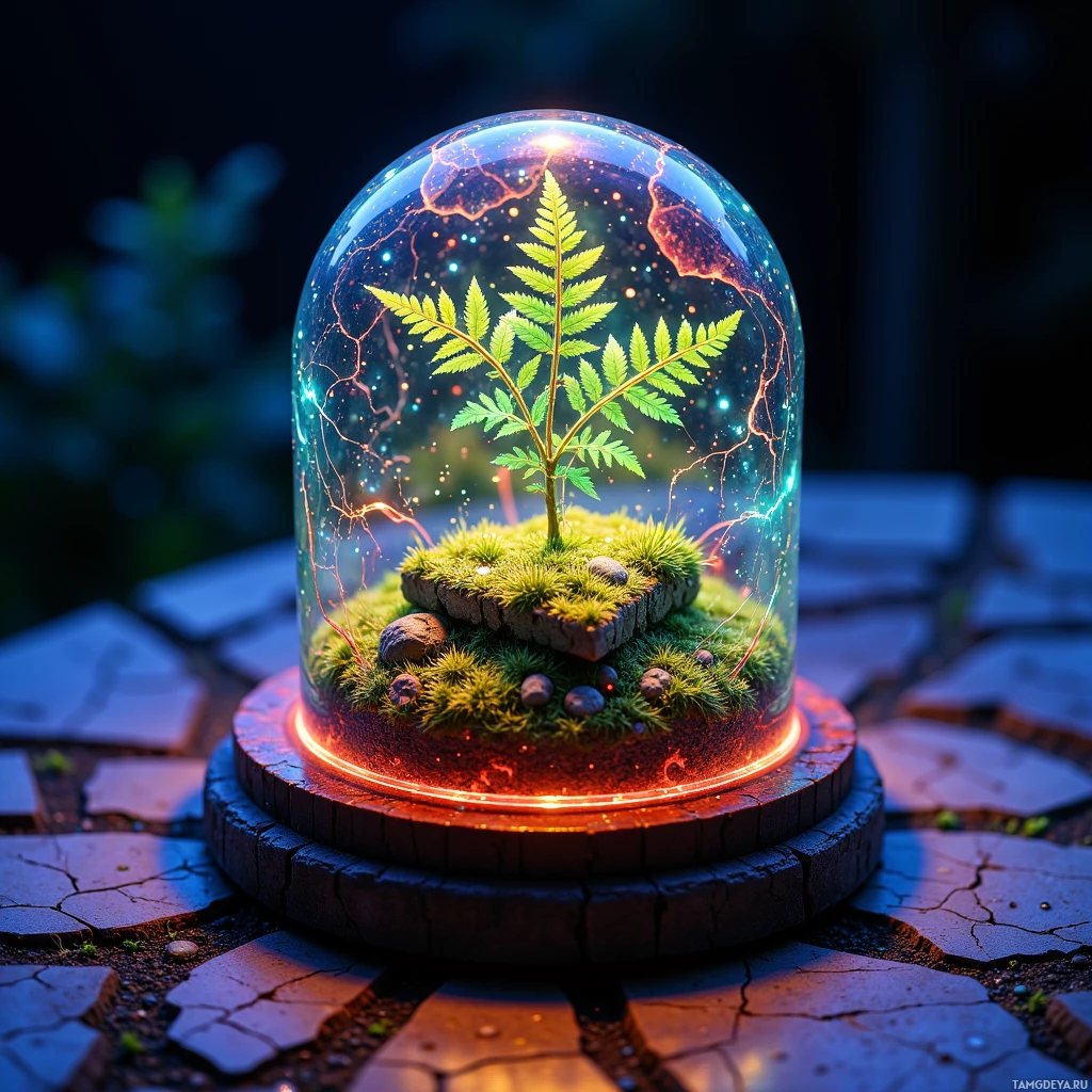 A small terrarium with a fern and moss inside is enclosed under a glass dome with glowing lines and particles around it.