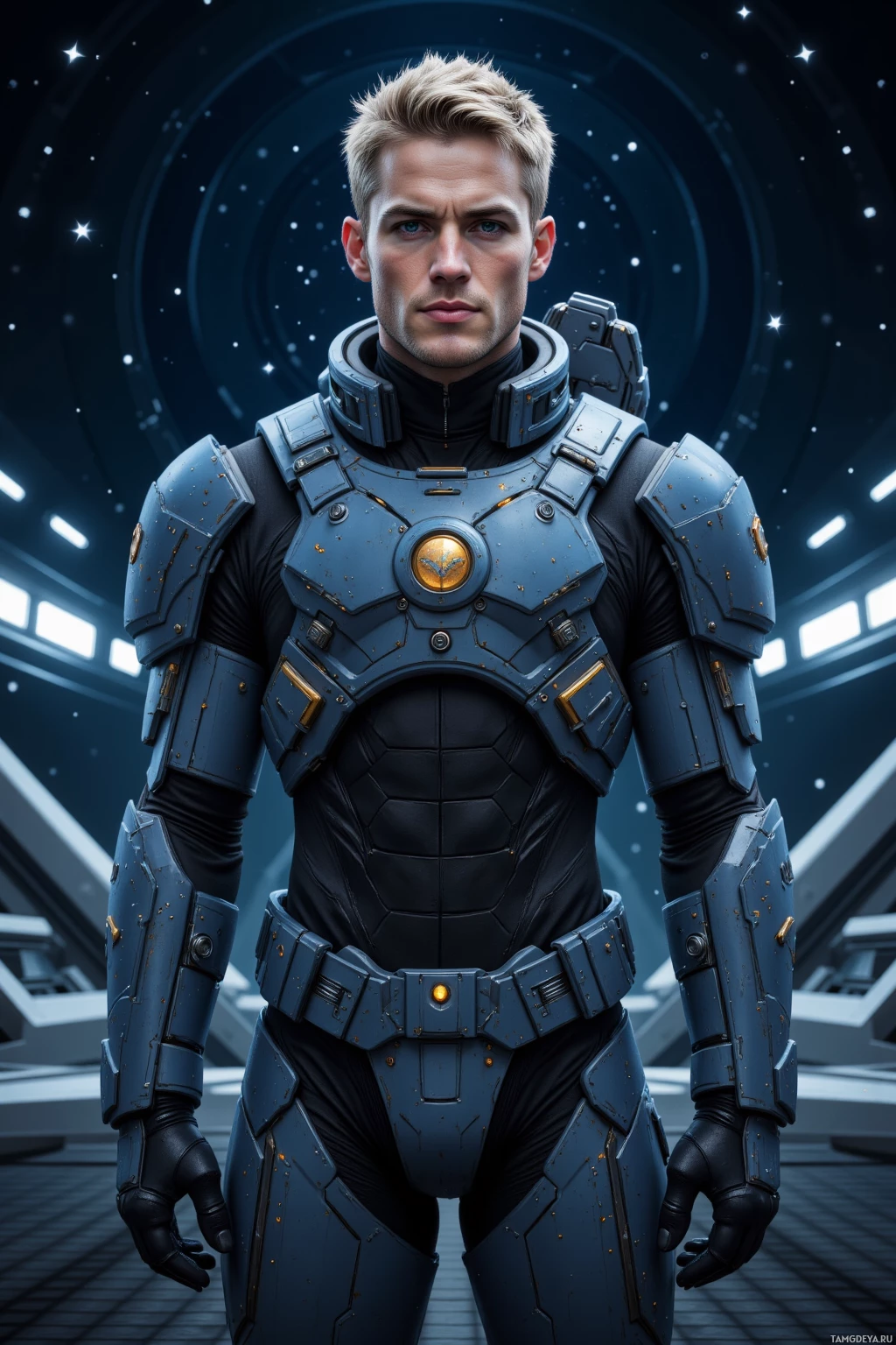 A person in futuristic blue armor stands against a starry space background.
