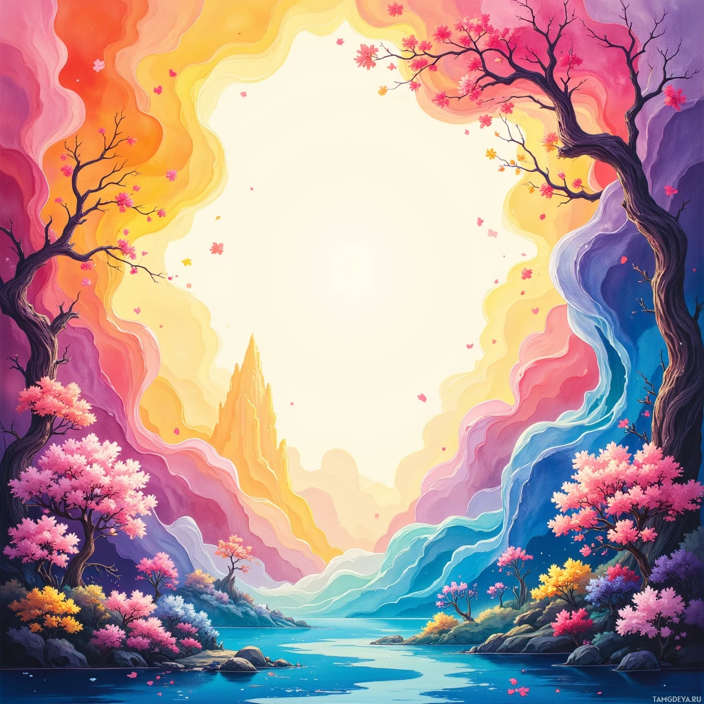 A vibrant landscape with colorful trees and flowing hills under a bright sky.