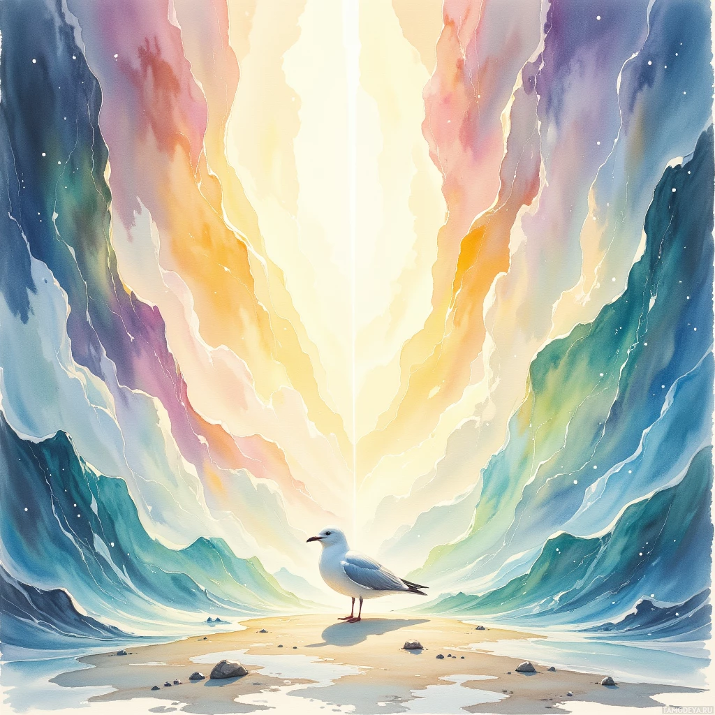 A serene beach scene with a seagull standing on wet sand under vibrant, abstract waves and a bright light source in the background.