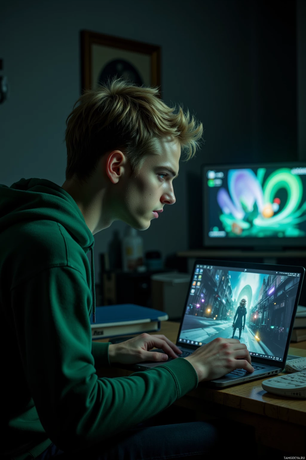 A person in a green hoodie is sitting at a desk playing a video game on a laptop.