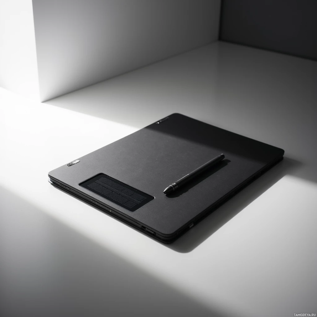 A black tablet with a stylus lies on a white surface in a minimalist setting.