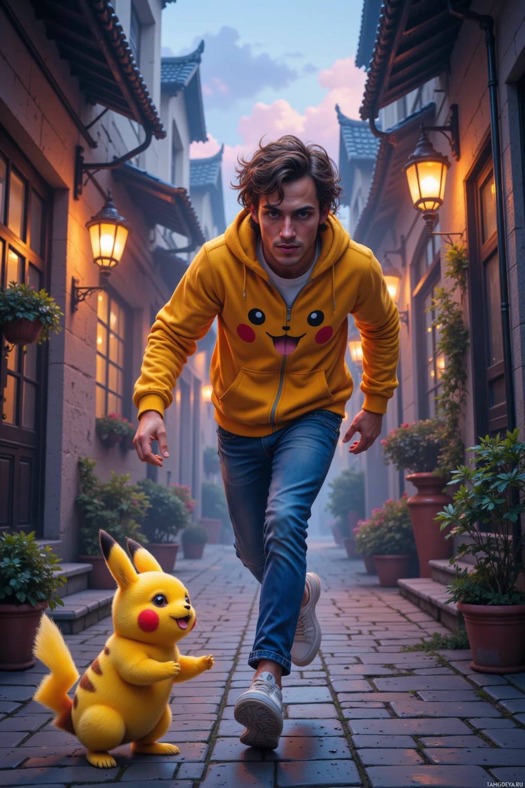 A person in a Pikachu hoodie walks alongside a small Pikachu on a cobblestone street lined with potted plants and warm lights.