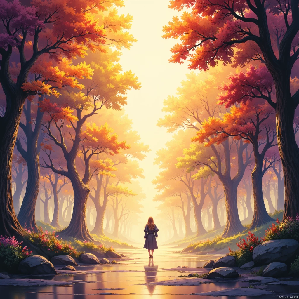 A person stands at the center of a serene forest path surrounded by vibrant autumn foliage and soft sunlight filtering through the trees.