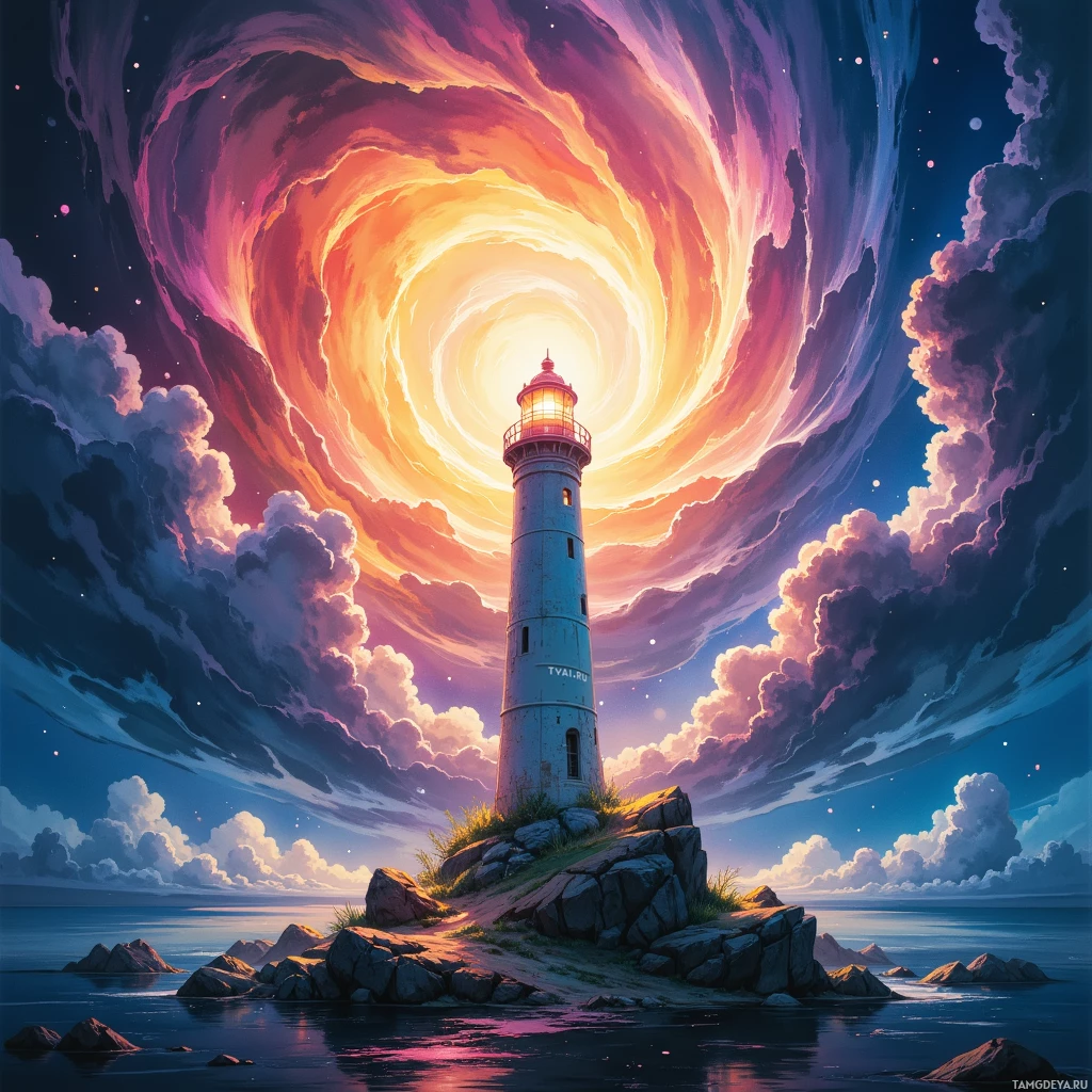 A lighthouse stands on a rocky shore under a swirling, colorful sky.