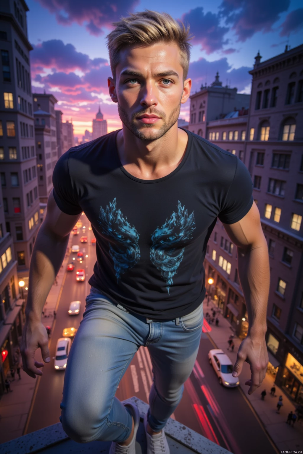 A person stands on a rooftop overlooking a cityscape at dusk, wearing a black t-shirt with a graphic design and blue jeans.