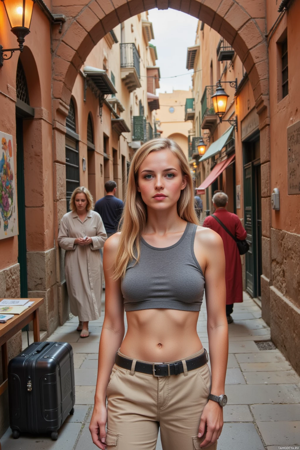 Realistic high quality photo. Blonde woman, 28, long hair in practical ponytail, bright blue eyes, fair skin, wearing grey tank top, beige cargo pants, brown hiking boots, camera hanging from her neck and silver watch on wrist, standing in a narrow, winding Fez alley with stone walls and orange lanterns, a street vendor in a flowing robe holding a hand‑painted compass, a local woman in traditional dress reading her travel journal, a suitcase with postcards on the ground, warm late‑afternoon light filtering through the archways.