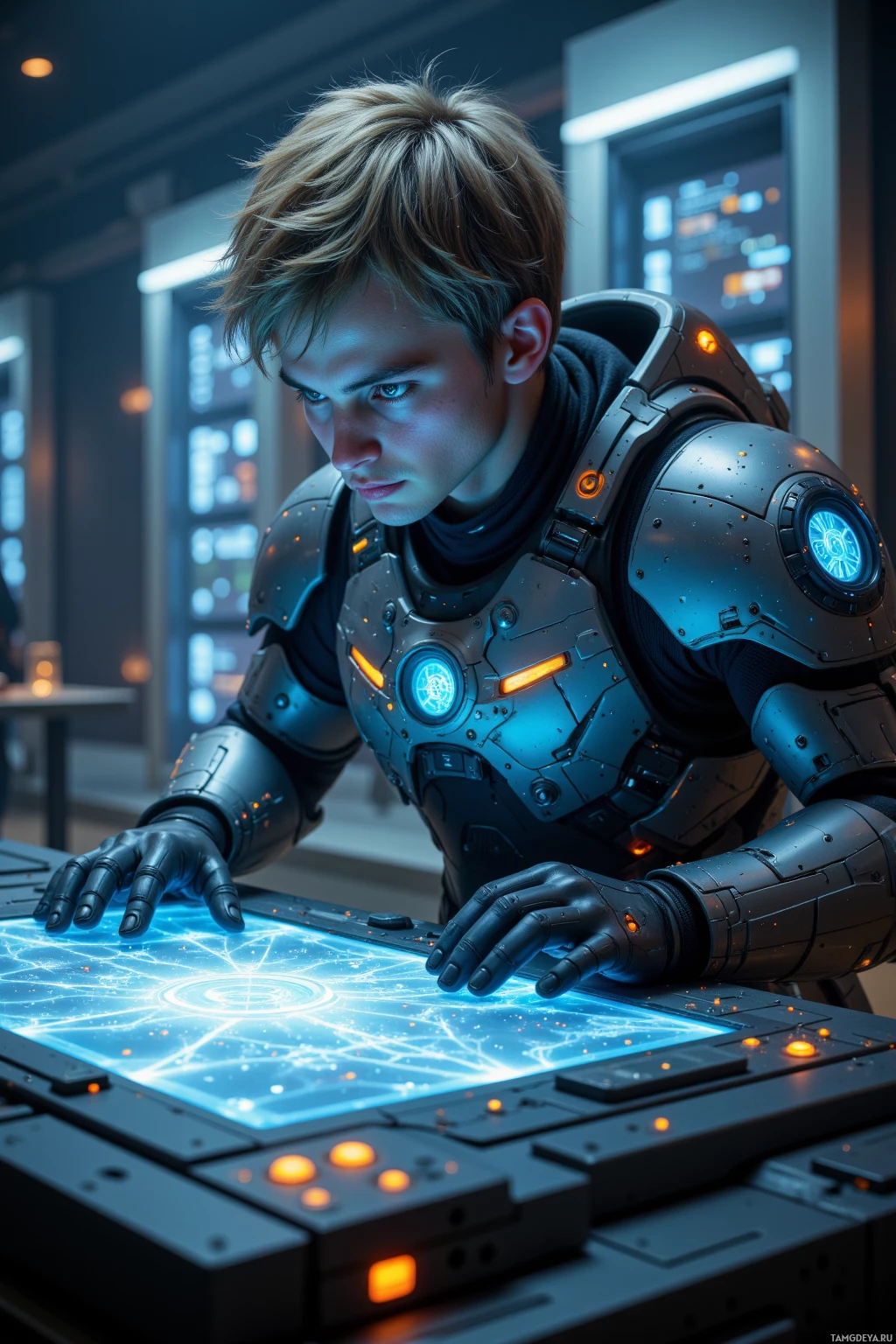 Realistic high quality photo. Male 28, short light brown hair, blue eyes, pale skin, wearing sleek futuristic armor with tech panels, intensely focused on holographic console displaying corrupted neural‑net code in a dim server lobby, surrounded by pinging drones while sweat drips from his brow as he micro‑optimizes to beat the leaderboard.